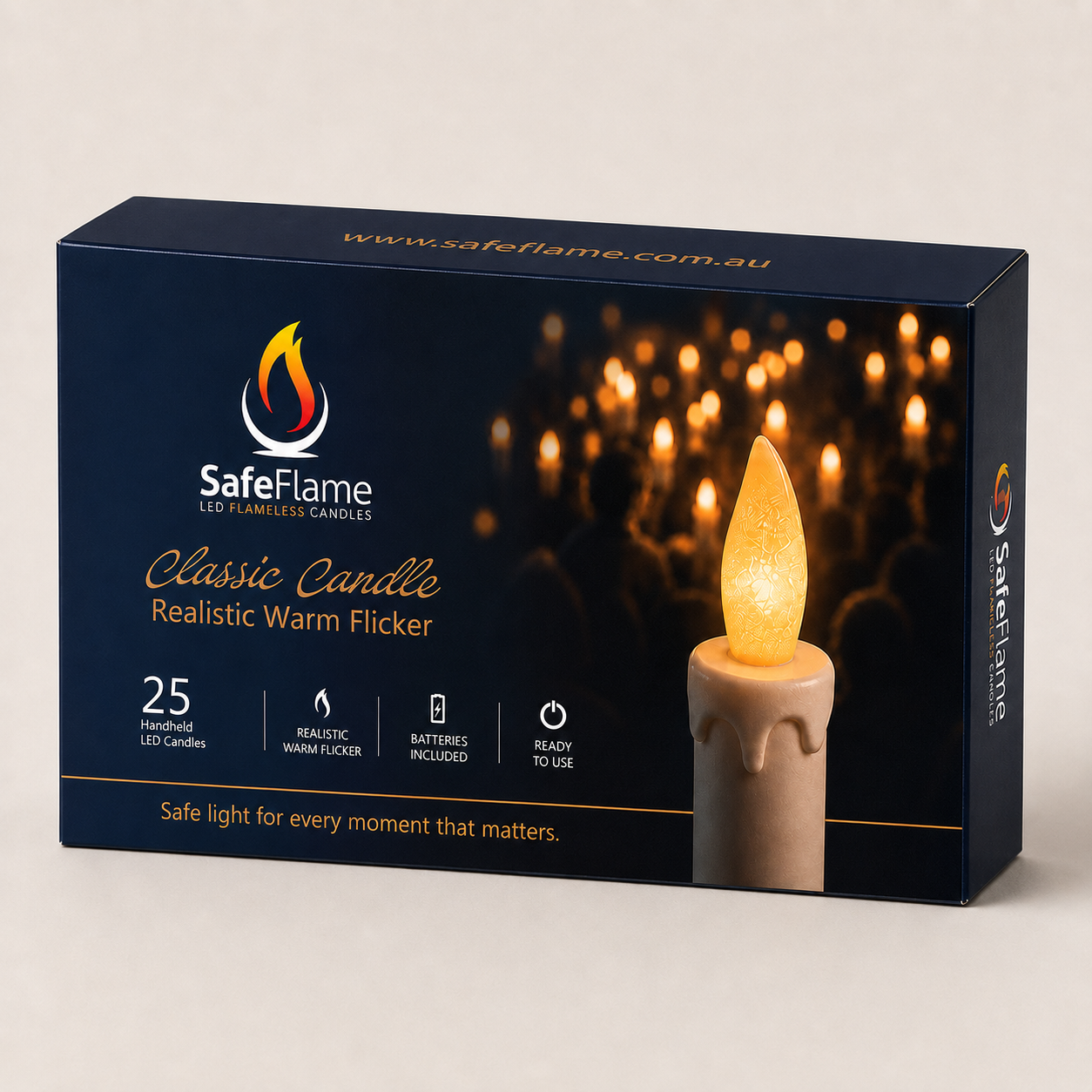 SafeFlame Classic Candle 25-pack full-colour retail box – Realistic Warm Flicker