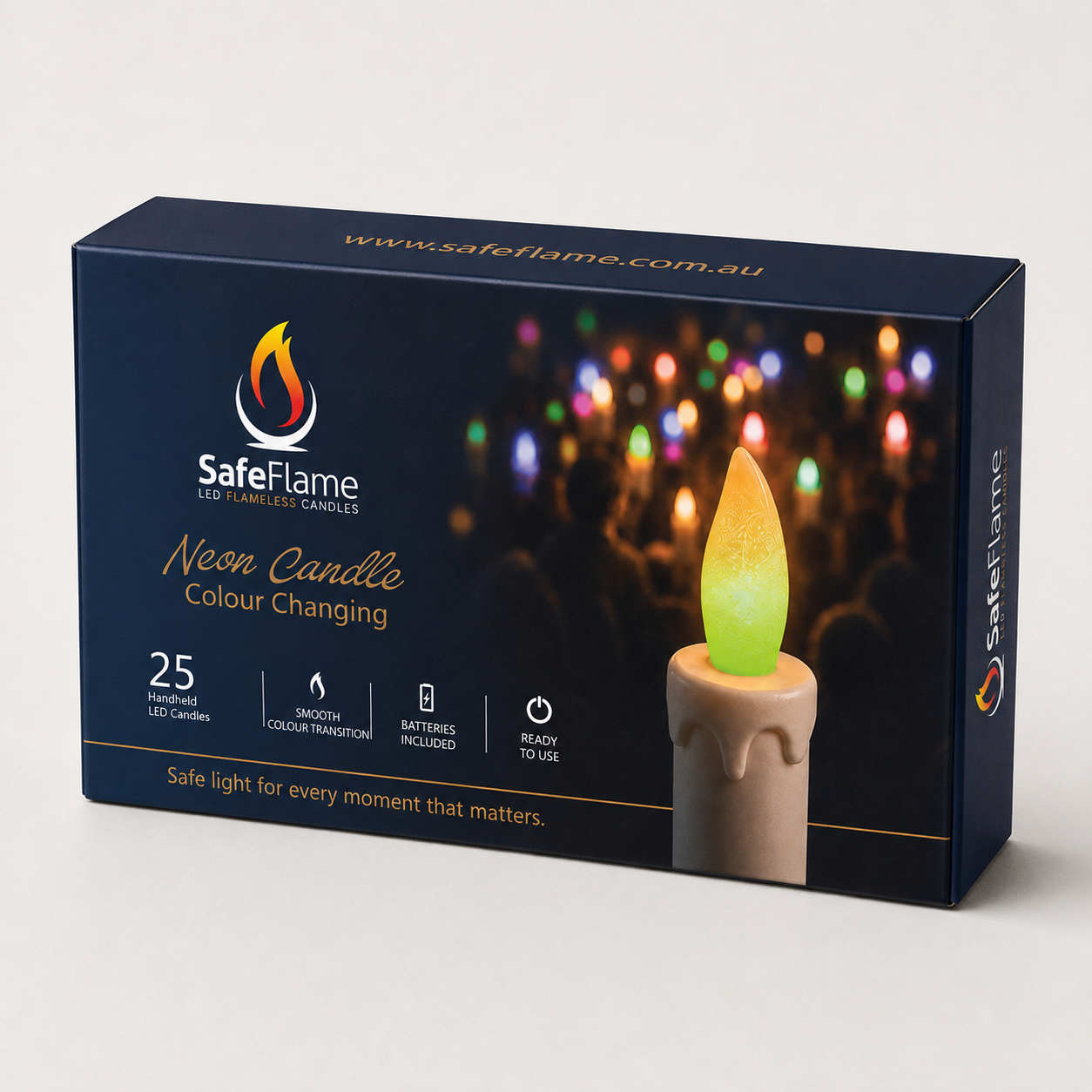 SafeFlame Neon Candle 25-pack full-colour retail box – Smooth Rainbow Colour Transition