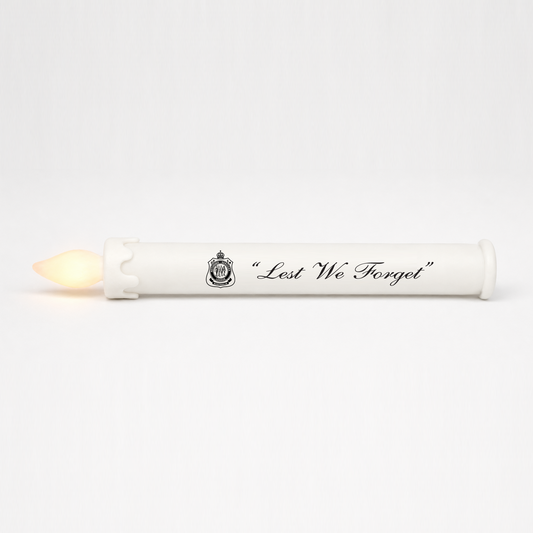 SafeFlame ANZAC Day LED taper candle printed with the official RSL logo and Lest We Forget
