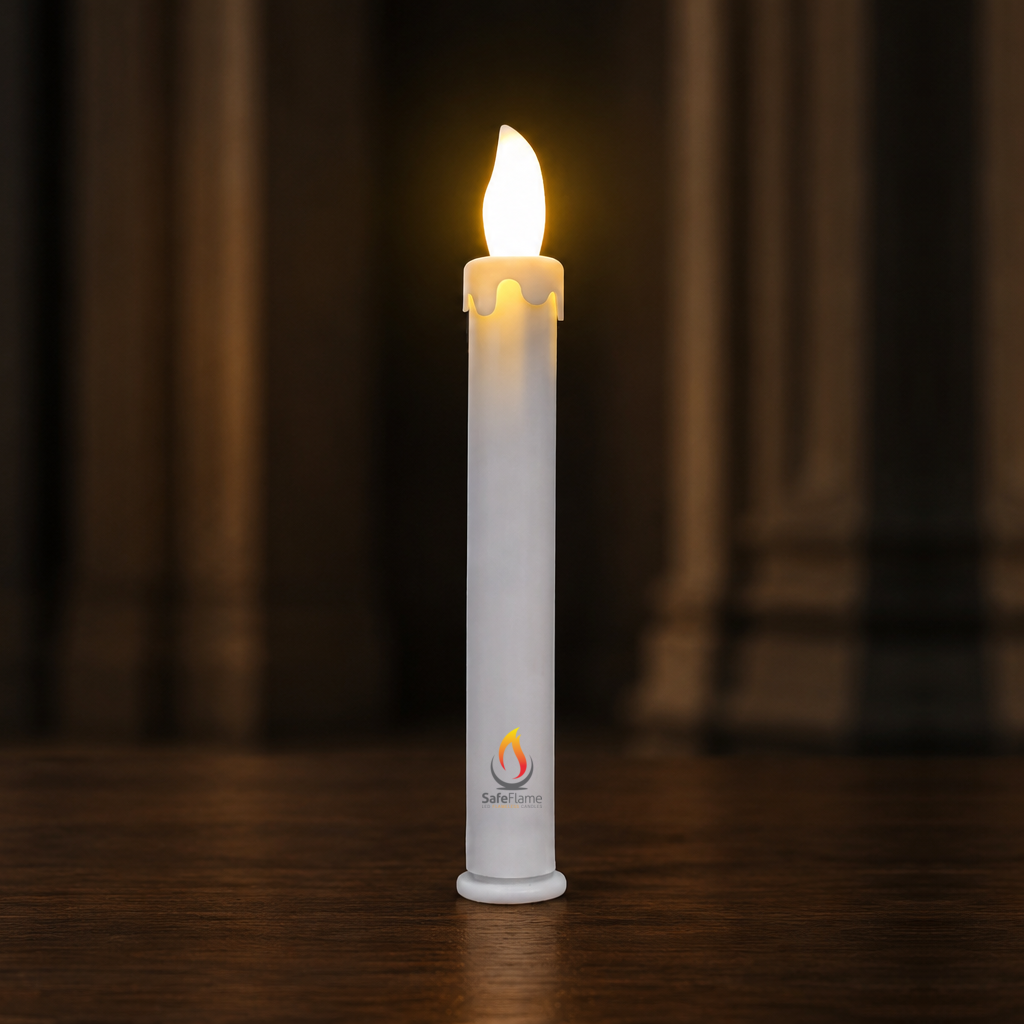 SafeFlame Classic LED taper candle with warm amber flicker, centred for responsive homepage display