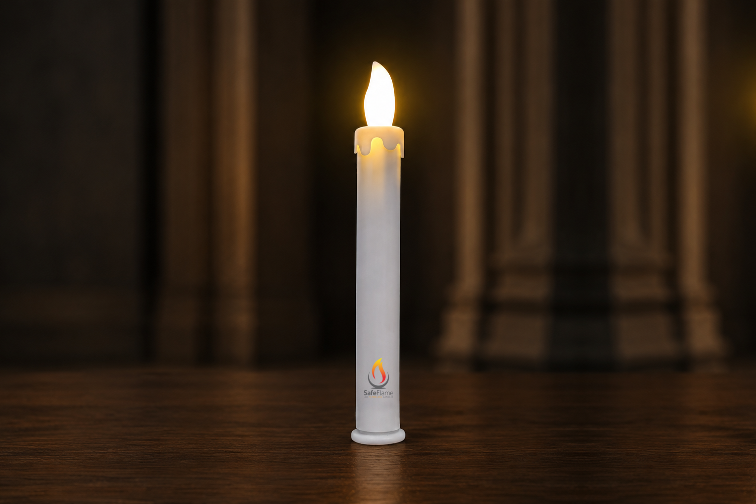 SafeFlame Classic LED taper candle with warm amber flicker, centred for responsive homepage display