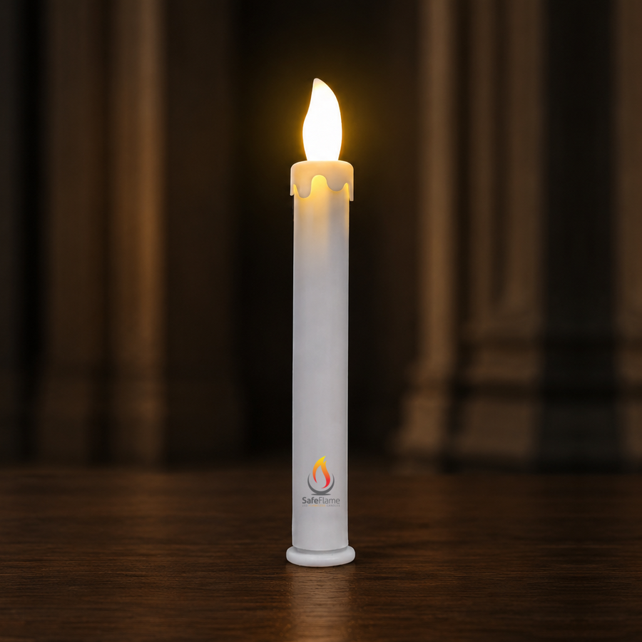 SafeFlame Classic reusable LED taper candle with warm amber flicker