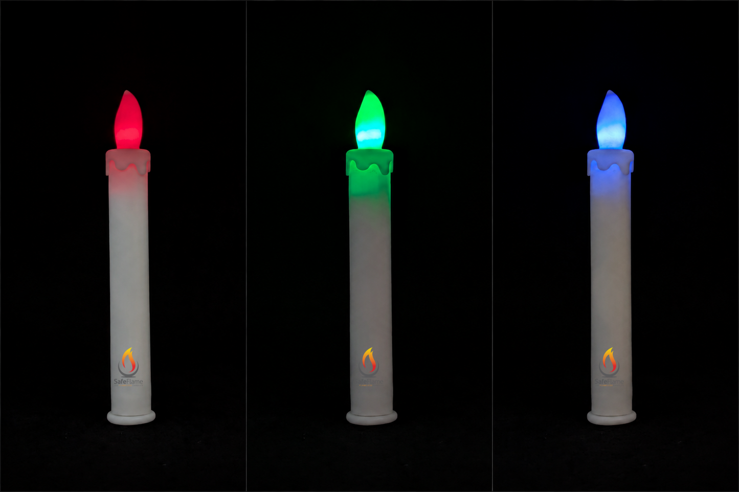 The same SafeFlame Neon candle shown in red, green and blue phases