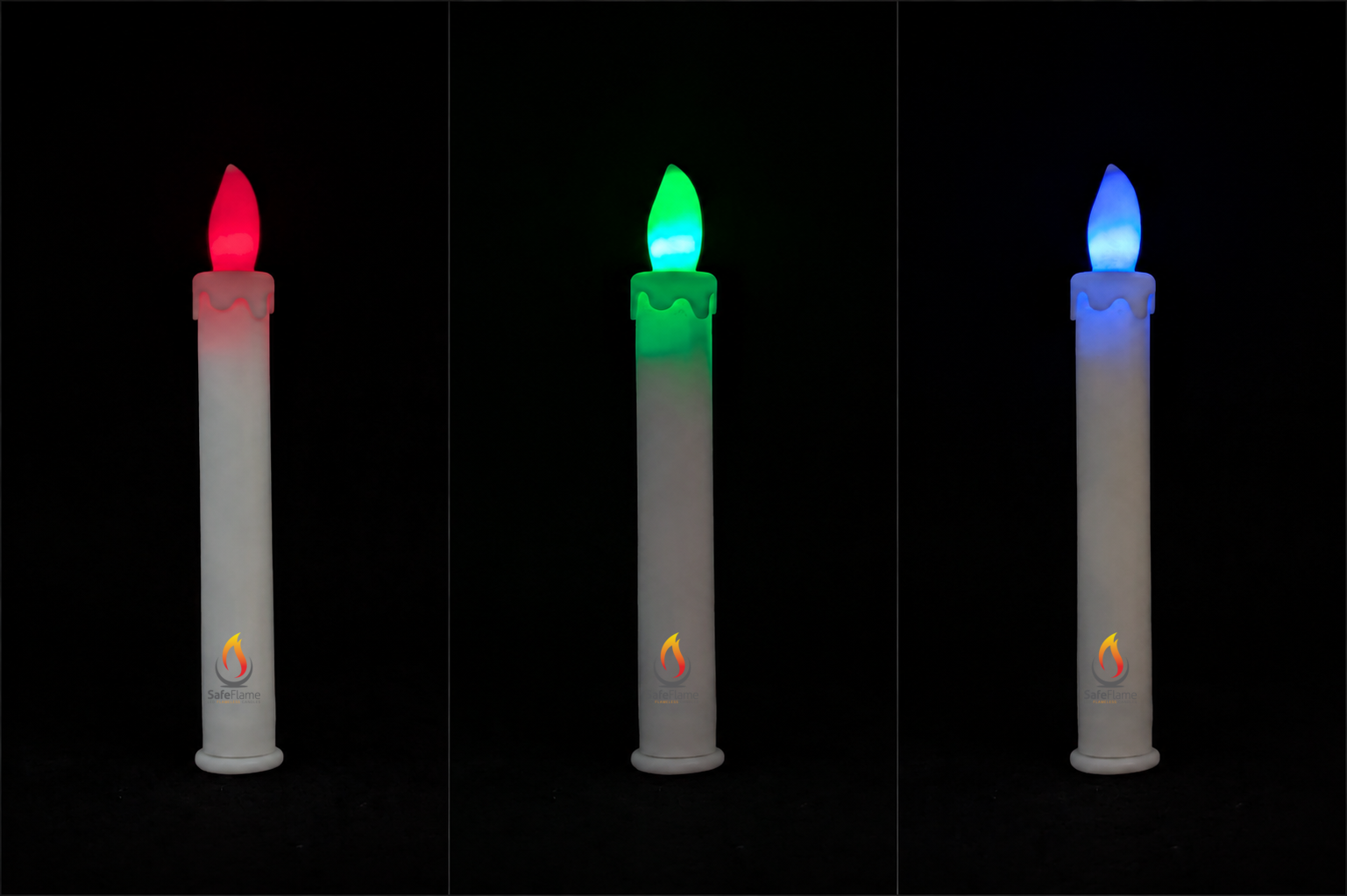 The same SafeFlame Neon candle shown in red, green and blue phases