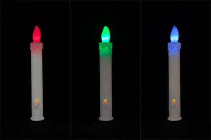 The same SafeFlame Neon candle shown in red, green and blue phases