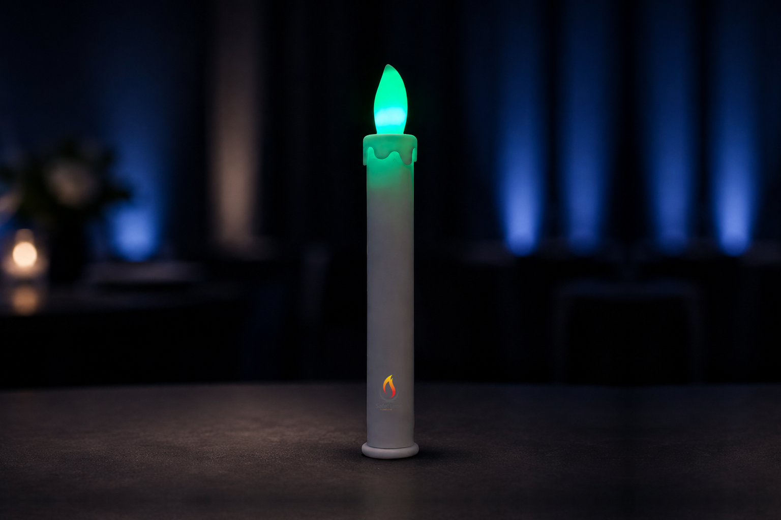 SafeFlame Neon rainbow LED taper candle, centred for responsive homepage display