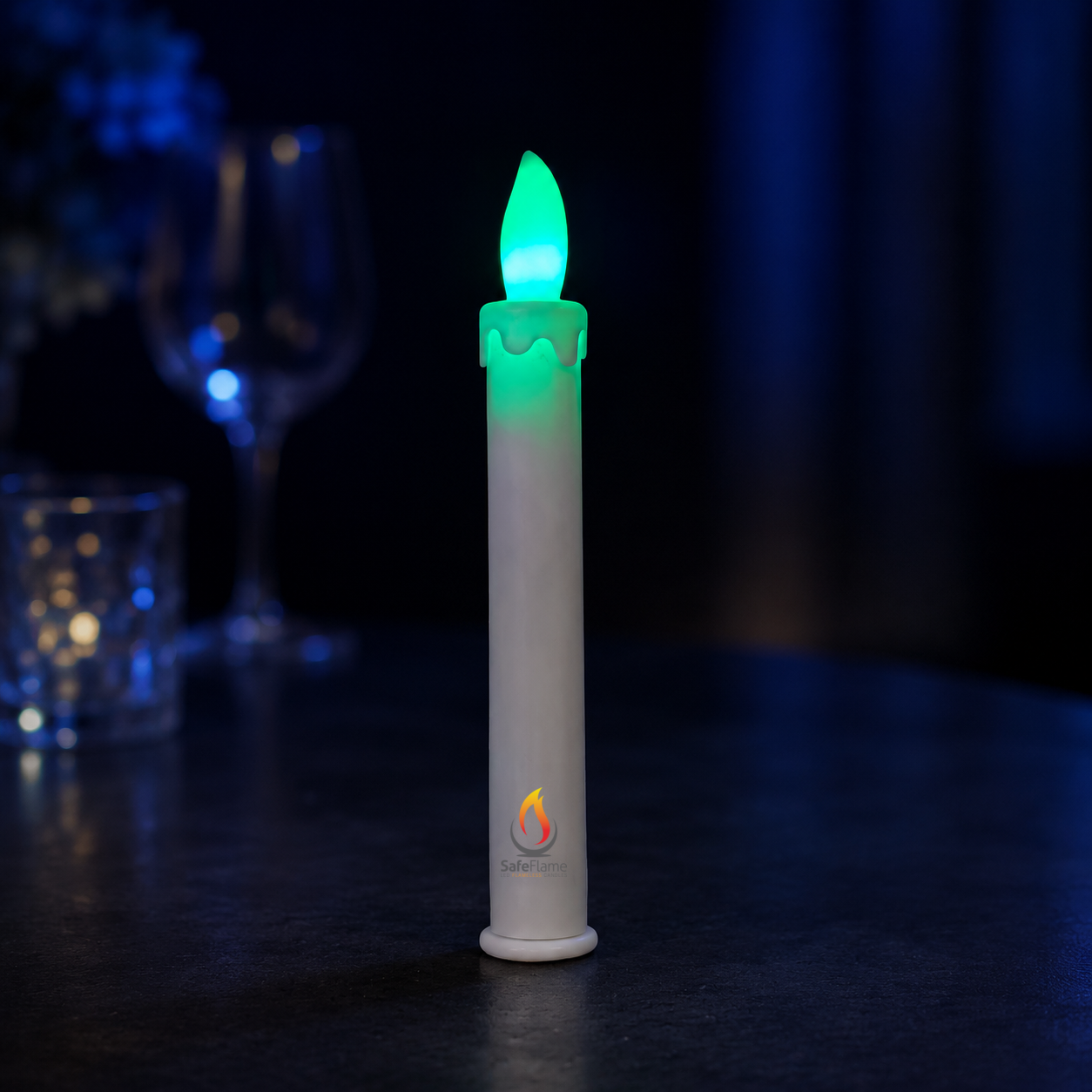 SafeFlame Neon colour-changing LED taper candle at an evening event