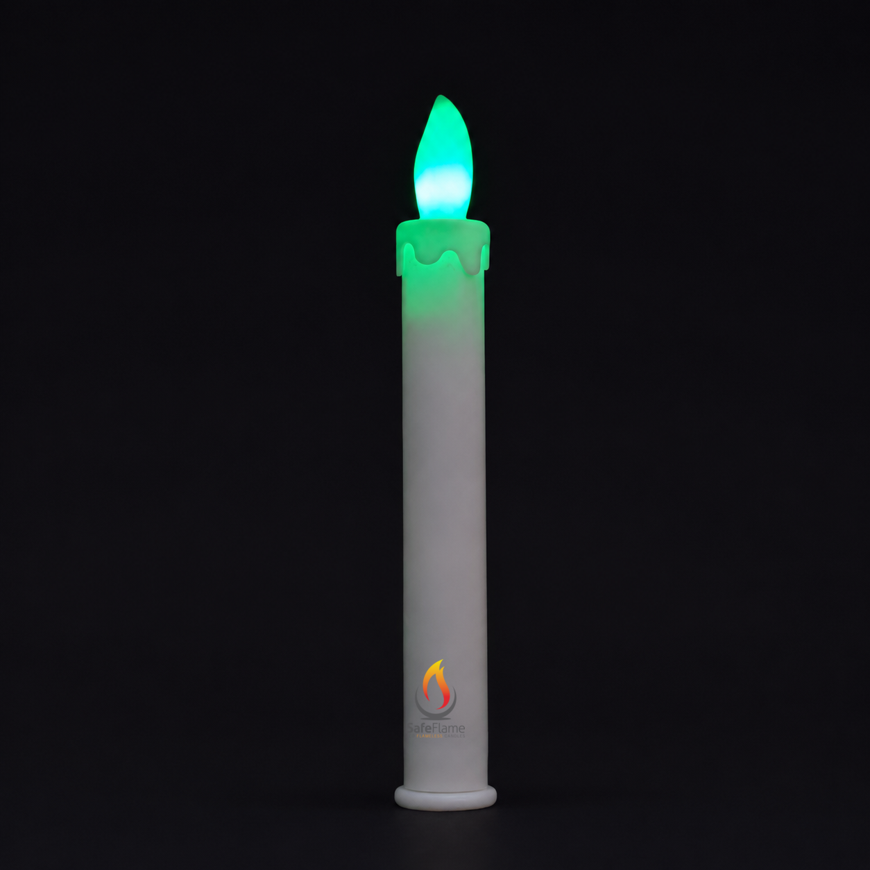 SafeFlame Neon LED taper candle during a cyan-to-green colour transition