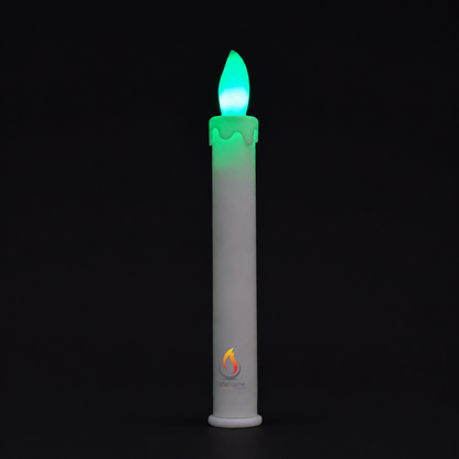 SafeFlame Neon LED taper candle during a cyan-to-green colour transition