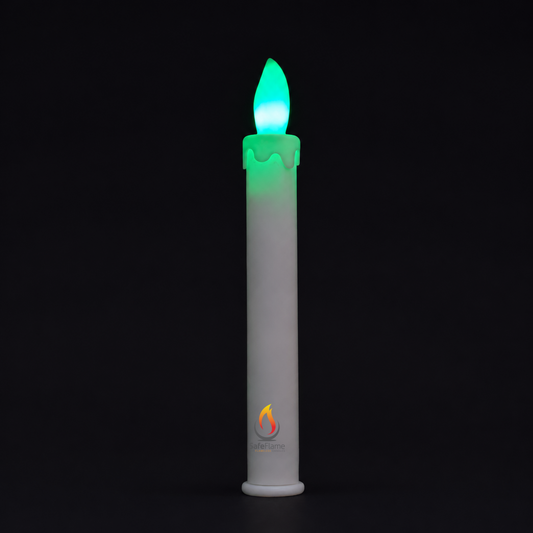 SafeFlame Neon LED taper candle during a cyan-to-green colour transition
